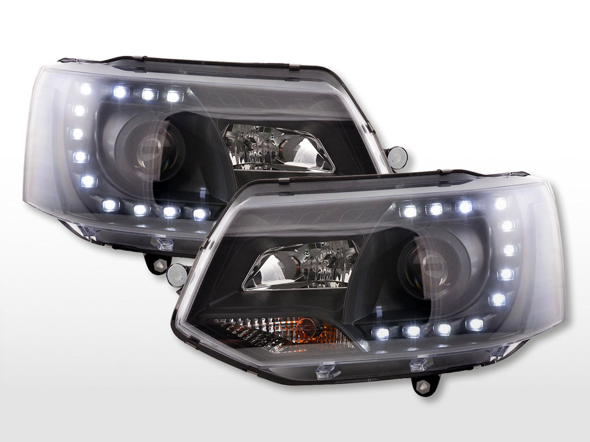 Scheinwerfer Set Daylight LED Tagfahrlicht VW Bus T5 ab 2009 schwarz Scheinwerfer Set Daylight LED Tagfahrlicht VW Bus T5 ab 2009 schwarz